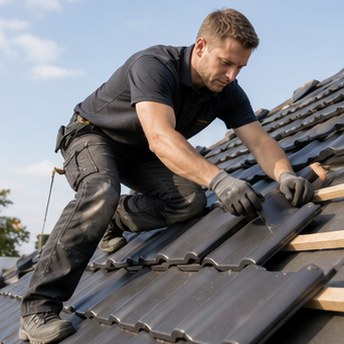 High quality photo of a modern roof construction site with clear sky, professional roofing context, neutral tones