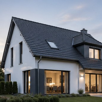 High-quality photography of a modern pitched roof renovation on a residential house in Germany, clean new dark gray tiles, clear blue sky, architectural style