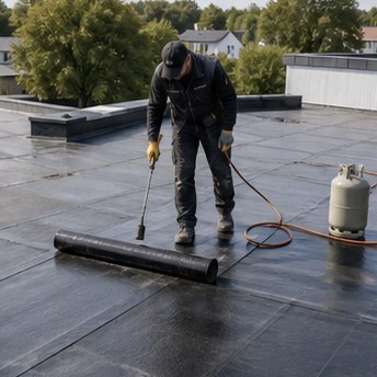 Close up architectural detail shot of a flat roof edge with modern zinc flashing and clean lines, high quality construction