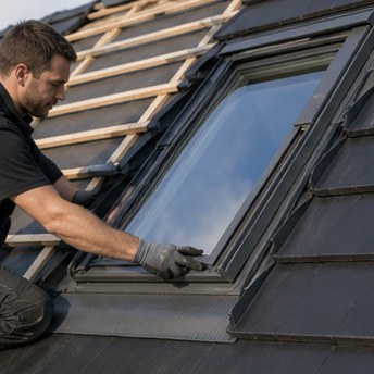 Professional installation of a large modern skylight window in a pitched roof, bright interior view looking out, high quality carpentry