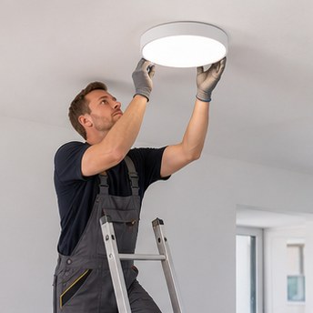 electrician doing high-end smart home installation in modern concrete architecture villa, warm lighting, cinematic, high quality photography