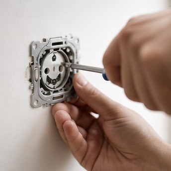electrician doing clean and precise installation work, close up of hands and tools, modern lighting, high quality photography