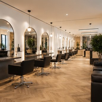 High quality photo of a woman with a soft caramel balayage hairstyle, back view, natural lighting, premium salon setting