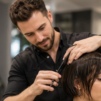Detail shot of premium hair styling tools, scissors, and combs on a wooden table, warm lighting, elegant salon atmosphere