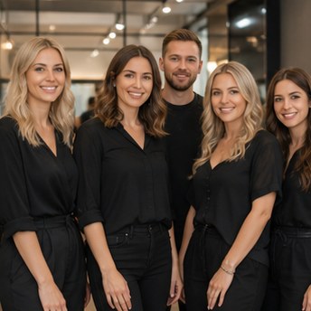 High end professional hair salon interior, modern minimalist design, warm lighting, elegant styling stations, photorealistic, 8k
