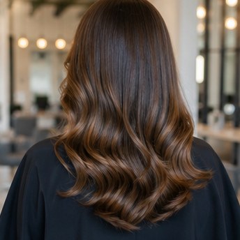 Happy female client checking her new haircut in the mirror at a high-end salon, smiling, modern interior