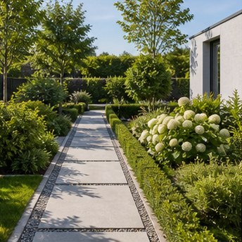 High-end modern garden landscaping with pristine stone terrace, elegant greenery, warm cinematic lighting, deep earthy tones