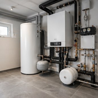Brand new, sleek, wall-mounted gas condensing boiler. Extremely clean piping, well-lit basement installation.