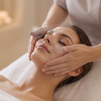 premium modern cosmetic studio interior with warm lighting, elegant clean beauty aesthetic, high-end skincare treatments, soft neutral colors, sand and cream tones