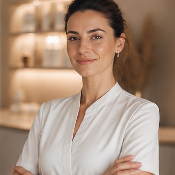 elegant cosmetic studio interior, modern minimalist design, warm sand and cream tones, comfortable treatment bed, soft lighting, luxury spa aesthetic