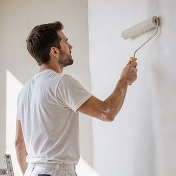 High quality, bright photography of professional painters working on a clean interior wall, warm natural light, premium architectural style
