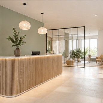 Modern physiotherapy exercise and rehabilitation corner. Clean wooden floors, neatly arranged exercise balls, light weights, resistance bands. Sunlight streaming in. Healthy, active atmosphere.