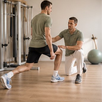 Modern physiotherapy exercise and rehabilitation corner. Clean wooden floors, neatly arranged exercise balls, light weights, resistance bands. Sunlight streaming in. Healthy, active atmosphere.