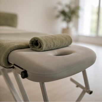 Close up detail shot of physiotherapy clinic interior. Soft folded linen towels, a small green plant, light wood textures, warm calming lighting. Focus on cleanliness and premium care.