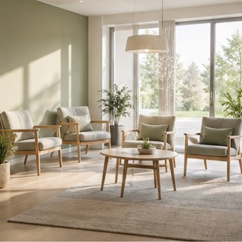 Another bright physiotherapy room focused on manual therapy. Minimalist, clean, soft petrol blue accents on the wall, modern equipment. Trustworthy and professional.