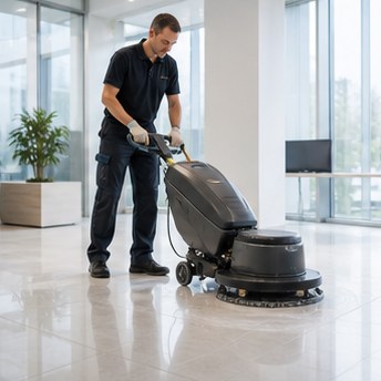 Clean, modern office space being professionally cleaned, bright lighting, high quality, realistic photography