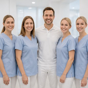 A reassuring, bright photo of a friendly dentist talking to a relaxed patient in a modern, clean dental clinic. Soft lighting, teal and sand tones, high quality, professional.