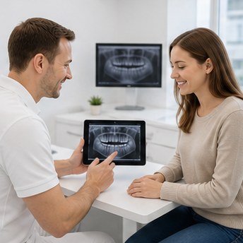 Portrait of a friendly, professional male dentist in his 40s wearing clean scrubs, smiling warmly in a modern clinic setting.